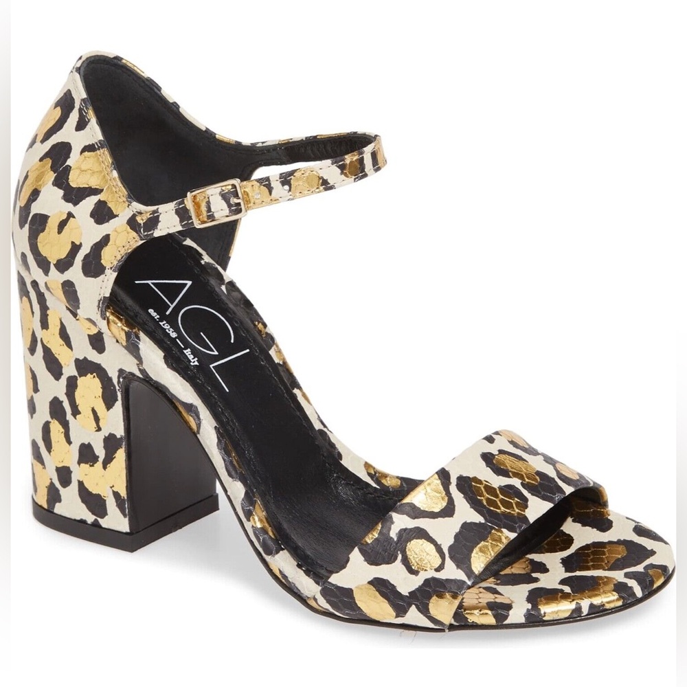 AGL Attilio Giusti Leombruni Snake Embossed Leopard Print Sandal Heel.